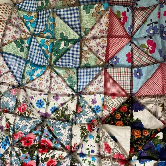 Colorful Hand Sewn Vintage Quilt Top - Picture 2 of 6